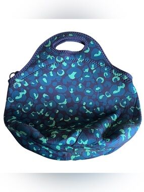 BUILT NY Neoprene Insulated Lunch Tote Bag Blue Leopard Print Zip Closure